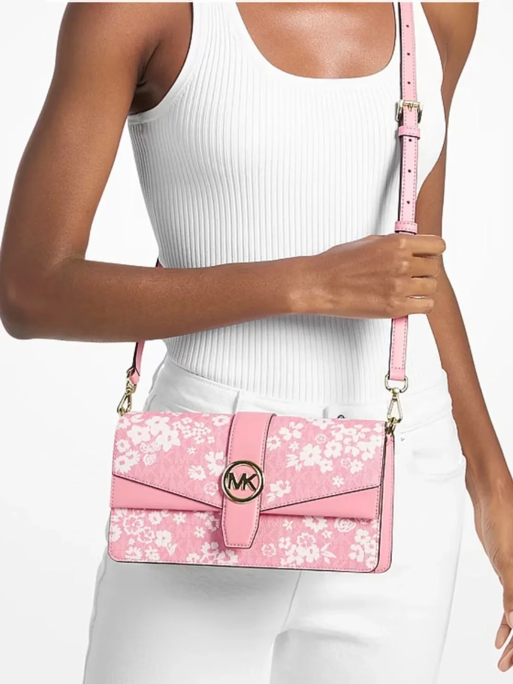 MICHAEL KORS Greenwich Md Printed Signature Logo Convertible Shoulder Carnation